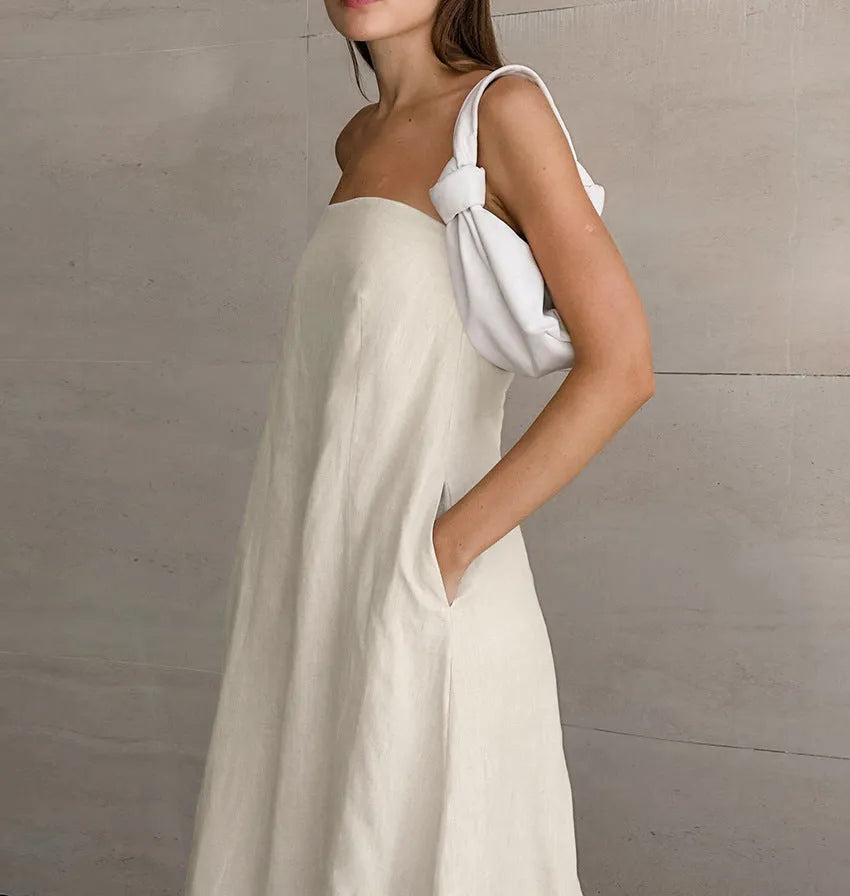 French Style Khaki Cotton Linen Tube Top Vacation Style High Waist Dress - Bellarte Enchanté French Style Khaki Cotton Linen Tube Top Vacation Style High Waist Dress